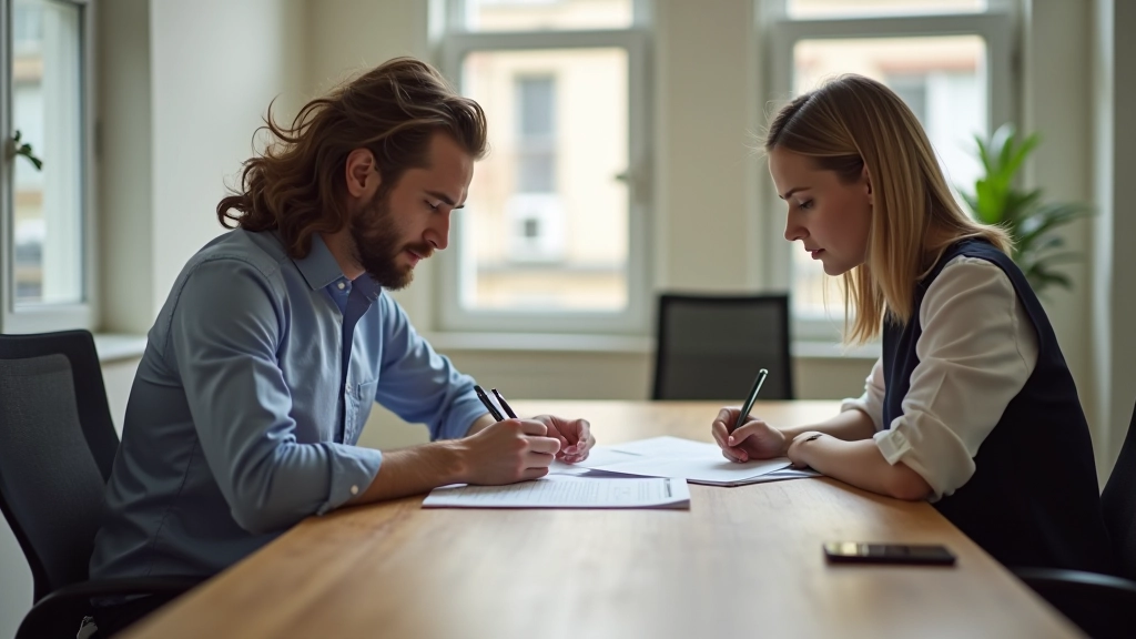 Réunion de cofondateurs discutant stratégie d'entreprise autour d'une table avec documents et tableau blanc