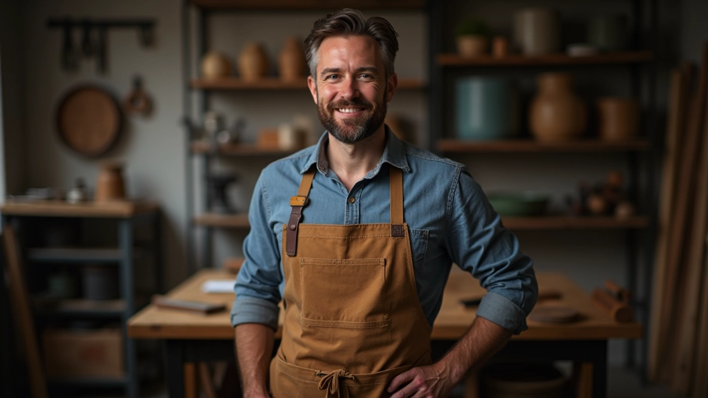 Entrepreneur dans un atelier artisanal avec des outils de production et matériaux de fabrication