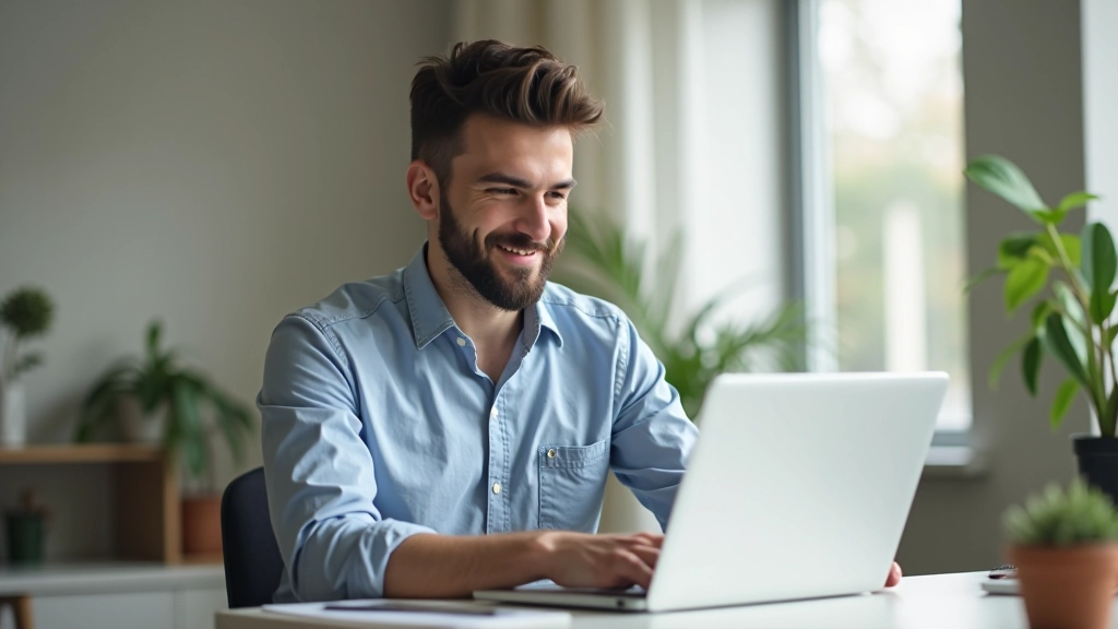 Entrepreneur solo travaillant sur son ordinateur portable dans un petit bureau à domicile, environnement startup minimaliste, lumière naturelle