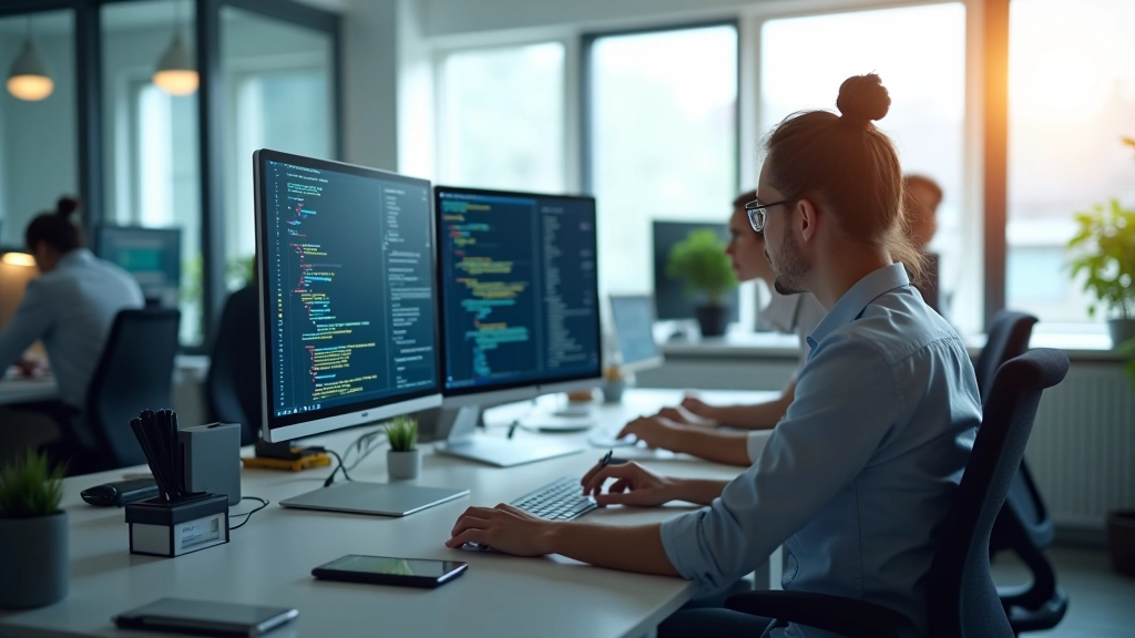 Deux développeurs collaborant à un bureau avec plusieurs écrans affichant du code informatique et des interfaces