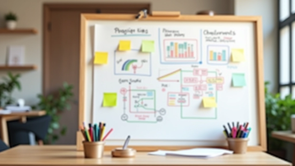 Tableau blanc avec plans et stratégie d'entreprise, stylos colorés et notes manuscrites, environnement de travail créatif